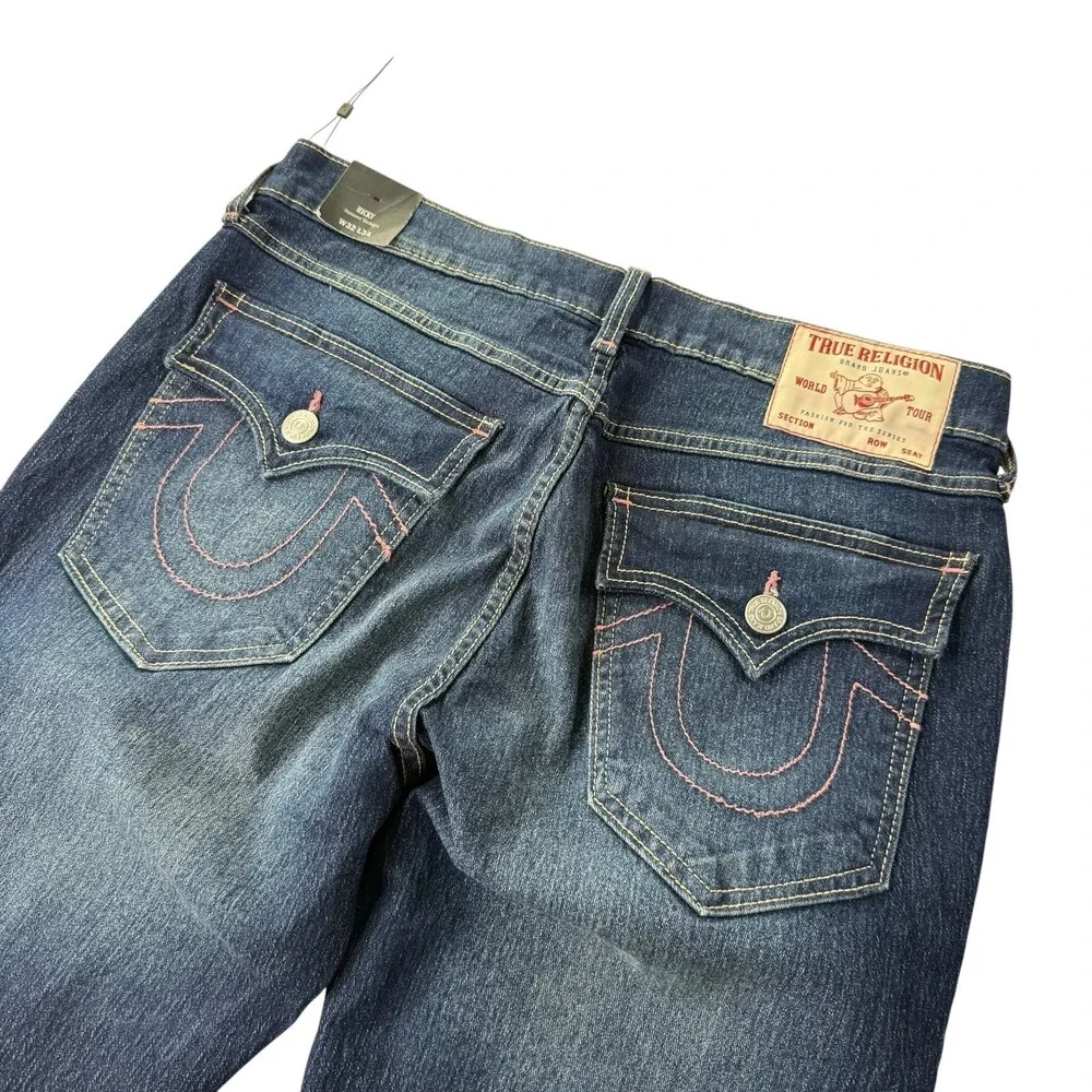 True Religion Ricky Straight Flap Jeans Men's 32x32 Dark Wash NWT Pink Stitch